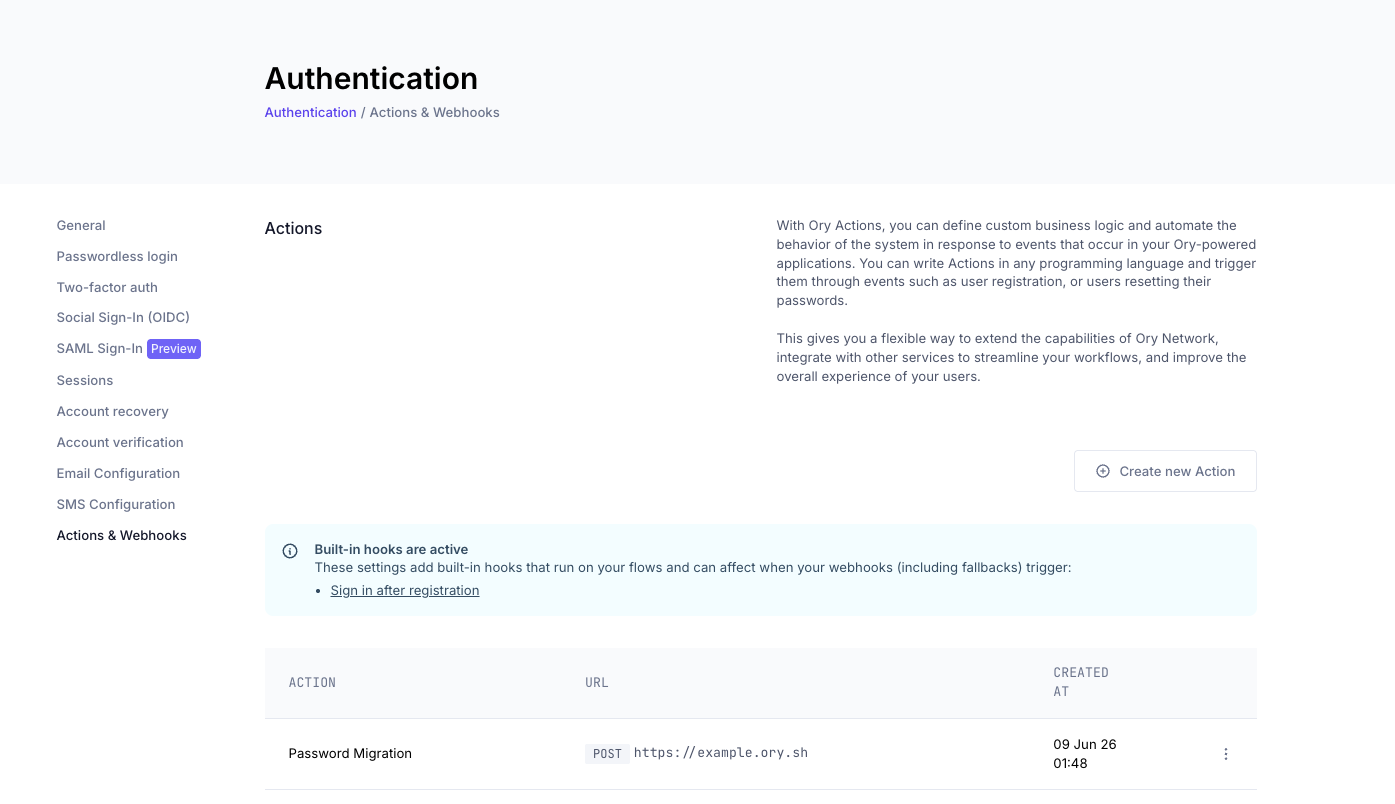 Actions & Webhooks page showing the Password Migration action